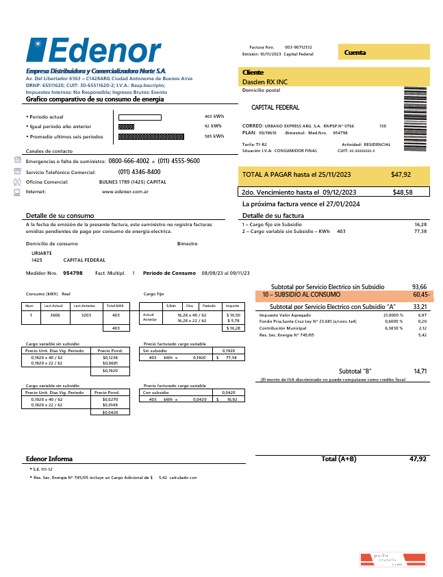 Argentina Edenor easy to fill business utility bill template in Word  and PDF format PSD template
